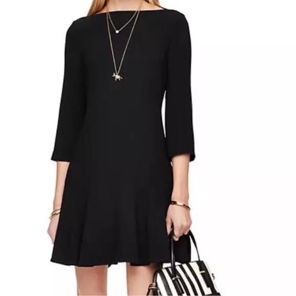 Kate Spade Black Crepe Flounce Dress Solid Size 8 Bateau Boat Neck Mini Elegant - Picture 1 of 15